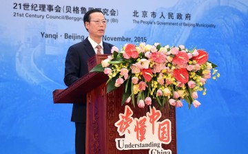 Chinese Vice Premier Zhang Gaoli speaks before the Second Understanding China Conference attendees.