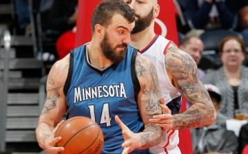 Minnesota Timberwolves center Nikola Pekovic (#14) posts up against Atlanta Hawks' Pero Antic.