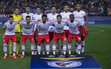 SL Benfica players line up during their recent Champions League match with Atletico Madrid.