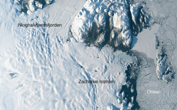 Satellite image taken Aug. 30, 2014, of Zachariæ Isstrøm and Nioghalvfjerdsfjorden, glaciers in northeast Greenland.