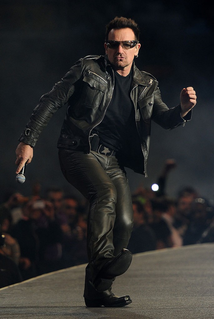 SAN SEBASTIAN, SPAIN - SEPTEMBER 26: Lead singer Bono of U2 performs on stage during the U2 360 Tour concert at the Estadio Anoeta on September 26, 2010 in San Sebastian, Spain. (Photo by Jasper Juinen/Getty Images)