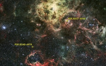 NASA's Fermi Gamma-ray Space Telescope has detected the first extragalactic gamma-ray pulsar, PSR J0540-6919, near the Tarantula Nebula (top center) star-forming region in the Large Magellanic Cloud, a satellite galaxy that orbits our own Milky Way. 