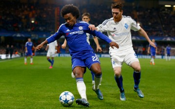 Chelsea winger Willian (L) competes for the ball against Dynamo Kyiv's Vitorino Antunes during their recent Champions League match in London.