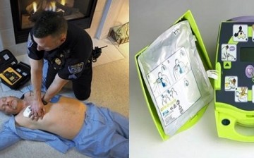 (L) A police officer uses an AED and performs CPR on a motionless man. (R) An AED with illustrated usage instructions.