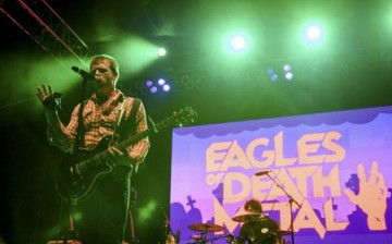 Jesse Hughes of the rock band Eagles of Death Metal performs with drummer Joey Castillo (R) at Festival Supreme at Shrine Auditorium in Los Angeles, California in this October 25, 2014 file photo.