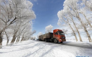 Vehicles run on snow-covered road at northwest China's Xinjiang Uyghur Autonomous Region in this Nov. 22, 2015 photo.