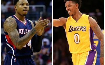 Atlanta Hawks' Kent Bazemore (L) and Los Angeles Lakers' Nick Young.