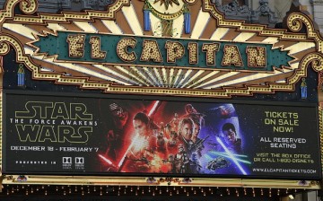 The marquee of the El Capitain theatre promotes the soon-to-be-released 'Star Wars: The Force Awakens' November 12, 2015, in Hollywood, California. 'Star Wars: The Force Awakens' is scheduled to premiere in Los Angeles on December 14, 2015.