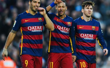 Barcelona's Big Three of (from L to R) Luis Suárez, Neymar, and Lionel Messi.