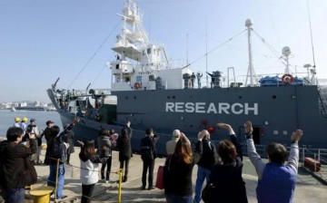 Families of crew members wave as Japanese whaling vessel Yushin Maru leaves for the Antarctic Ocean at a port in Shimonoseki.