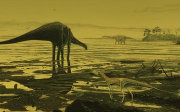 An artist's impression of Sauropod dinosaurs on the Isle of Skye in this undated handout photo provided by the University of Edinburgh.