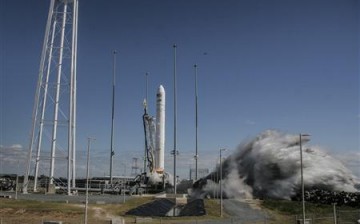 The Orbital Sciences Corporation Antares rocket, with the Cygnus cargo spacecraft aboard, launches from NASA's Wallops Flight Facility in Virginia.