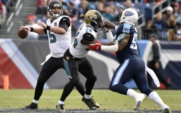 Jacksonville Jaguars quarterback Blake Bortles (#5) drops back as he passes against the Tennessee Titans.