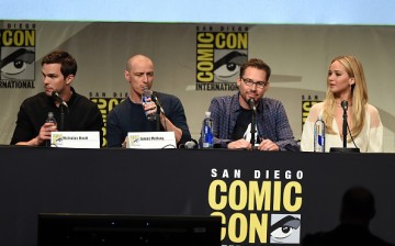 Nicholas Hoult, James McAvoy, Bryan Singer and Jennifer Lawrence from 'X-Men: Apocalypse' speak onstage at the 20th Century FOX panel during Comic-Con International 2015.