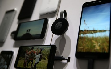 The new Google Chromecast is displayed next to Nexus phones during a Google media event on September 29, 2015 in San Francisco, California.