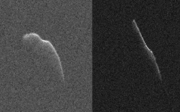 These images of an asteroid 3,600 feet (1,100 meters) long were taken on Dec. 17 (left) and Dec. 22 by scientists using NASA's giant Deep Space Network antenna at Goldstone, California. This asteroid will safely fly past Earth on Dec. 24, at a distance of