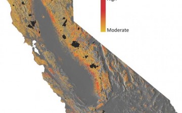 Progressive forest canopy water stress in the state of California from 2011 to 2015.