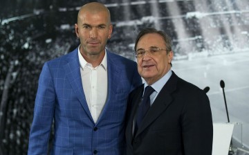 Real Madrid president Florentino Perez (R) presents Zinedine Zidane as new Real Madrid manager.