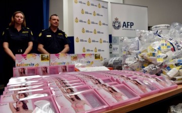 Australian police display silicone bra inserts and art supplies containing liquid meth in Sydney, Australia.