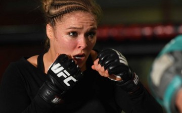 UFC women's bantamweight champion Ronda Rousey at an open training session for fans and media at the UFC Gym in Torrance, Calif. on Feb. 24, 2015. 