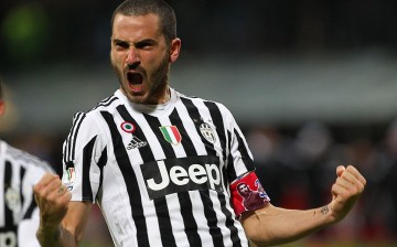 Juventus defender Leonardo Bonucci scores the opening goal against Inter Milan.
