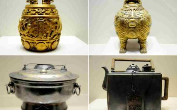 Combination photo taken on March 13, 2016 shows royal goldware and silverware on display at the Shenyang Palace Museum in Shenyang, Northeast China's Liaoning Province. 