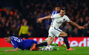 Paris Saint-Germain striker Zlatan Ibrahimović competes for the ball against Chelsea's Gary Cahill during their recent Champions  League match.