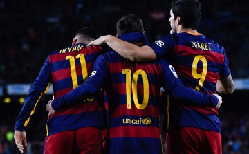 Barcelona Big Three of (from L to R) Neymar, Lionel Messi, and Luis Suárez.