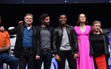 Mark Hamill, Oscar Isaac, John Boyega, Daisy Ridley and Carrie Fisher speak onstage during Star Wars Celebration 2015 on April 16, 2015 in Anaheim, California. 