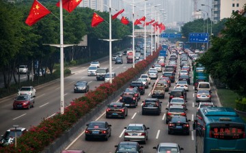 A traffic jam appears in Shenzhen, Guangdong Province, during the National Day holiday, Sept. 30, 2014.