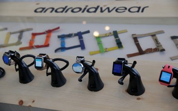 Google Android Wear smart watches are displayed during the 2015 Google I/O conference.  