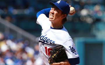Kenta Maeda of the Los Angeles Dodgers pitches in the fourth inning during the MLB game against the Arizona Diamondbacks.