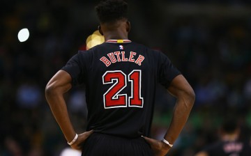 Jimmy Butler of the Chicago Bulls looks on during the first quarter against the Boston Celtics.