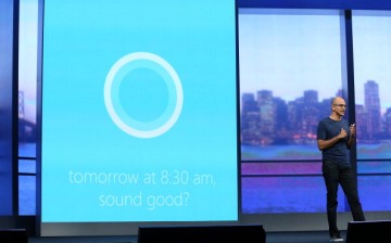 Microsoft CEO Satya Nadella demonstrates Cortana, as he delivers a keynote address during the 2014 Microsoft Build developer conference on April 2, 2014 in San Francisco, California.   