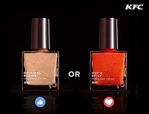 KFC Hong Kong will be unveiling edible fingernail polishes that come in Original recipe and Hot and Spicy for young consumers.