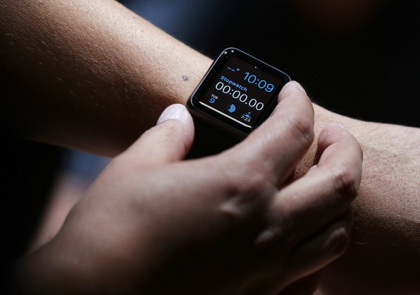 An attendee inspects the new Apple Watch during an Apple special event at the Flint Center for the Performing Arts.