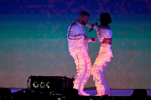  Drake and Rihanna are performing on stage at the BRIT Awards 2016 on February 24, 2016 in London, England.