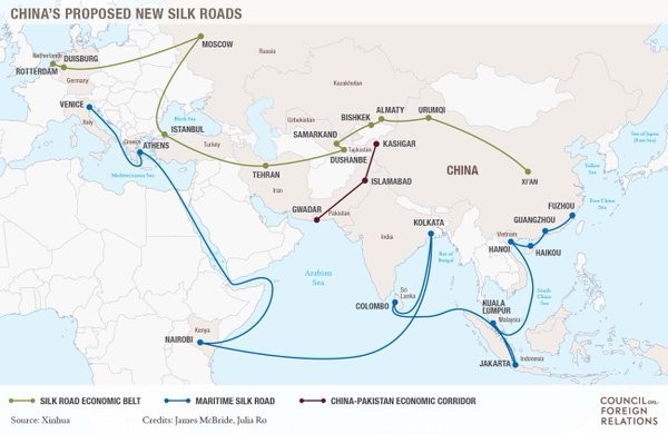 A map of China's proposed Silk Road Initiative. 