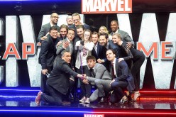  Cast members pose with Lottie French for a selfie during the European film premiere of 'Captain America: Civil War' at Vue Westfield on April 26, 2016 in London, England.