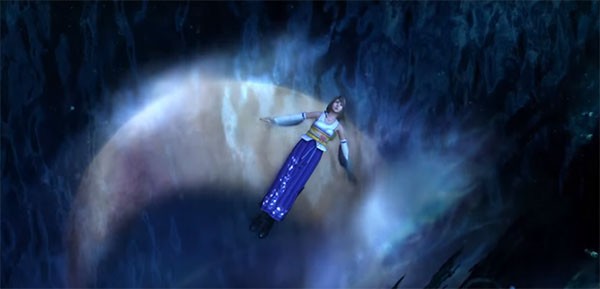 "Final Fantasy X's" heroine, Yuna, floats on the water to comtemplate on what to do next.