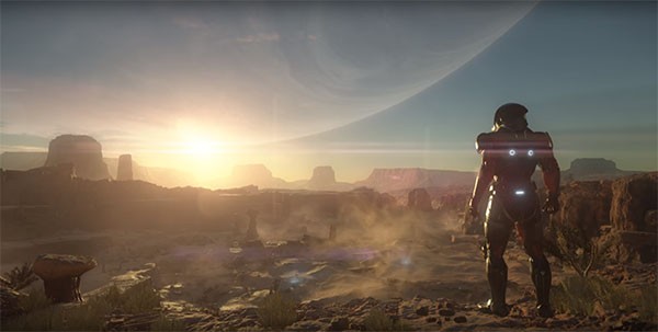 "Mass Effect: Andromeda" character looking over the horizon of an unknown world.
