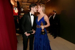 Actress Brie Larson (R), winner of Best Actress for 'Room,' and musician Alex Greenwald backstage at the 88th Annual Academy Awards at Dolby Theatre on February 28, 2016 in Hollywood, California.
