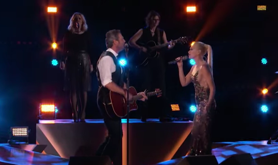 Shelton and Stefani in a debut performance of "Go Ahead and Break My Heart" on "The Voice" stage.  