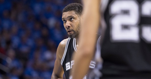 Tim Duncan is about to shoot his free throws during game six of their match-up against the OKC Thunder.