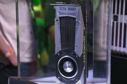 Nvidia GTX 1080, not the GTX 1050, is displayed in a glass display case during their sponsored event announcing the GTX 10-series.