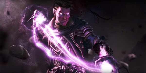 An "The Elder Scrolls: Legends" character powering up for a strong magic attack.