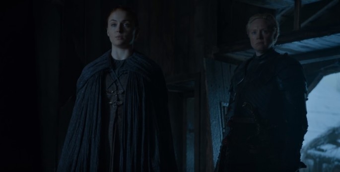 Sansa Stark with Brienne of Tarth confronts Peter Baelish in his alliance with the Boltons.