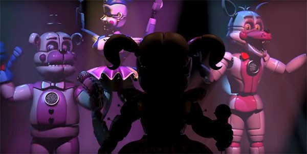 "Five Nights at Freddy's" animatronics dancing around and singing songs while an new, unknown animatronic is being introduced.