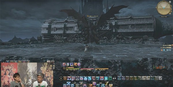 A "Final Fantasy XIV" character faces off a large dragon in an epic battle, while producer Naoki Yoshida discusses details with commentator.