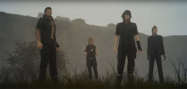 The "Final Fantasy XV" protagonists looking at the devastation of their kingdom being invaded by enemies.